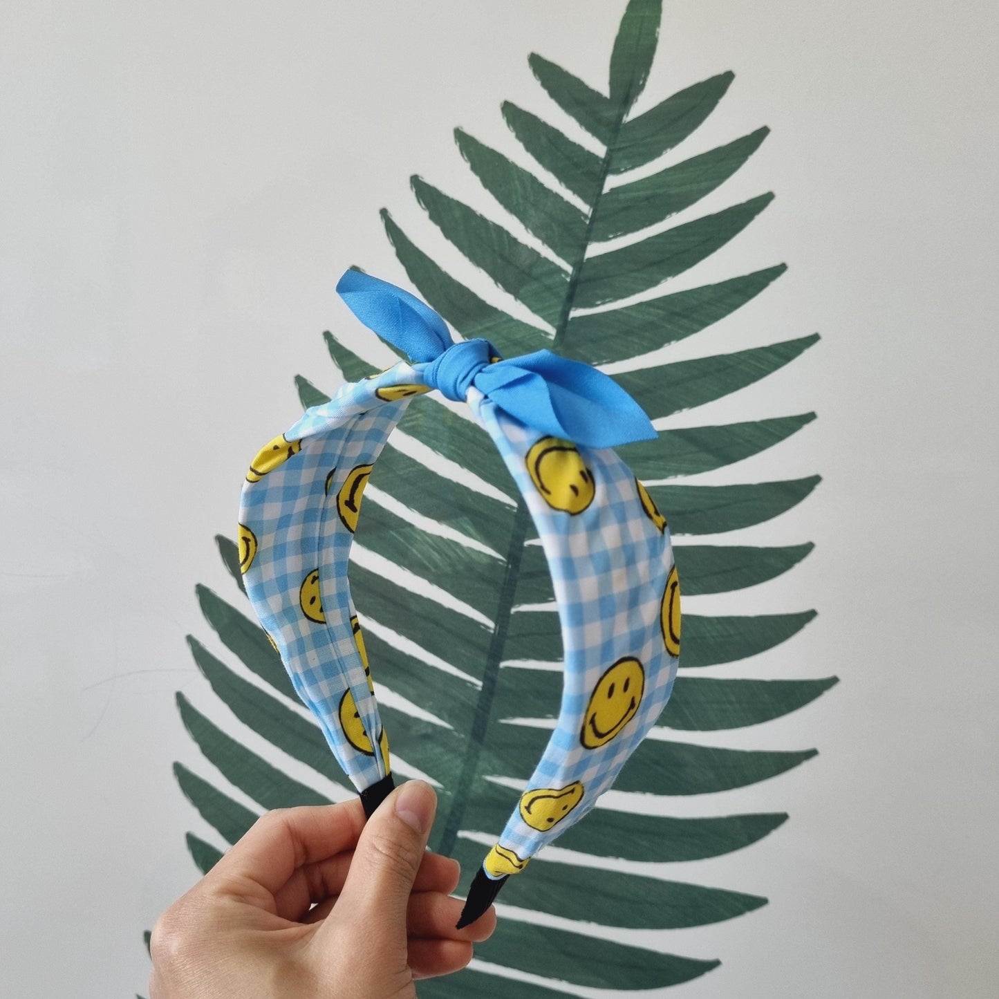 Smiley Gingham Knot Headband pink blue green purple Korean checkered solid ribbon retro free smiley hair tie mom and girl [with Pinkluvme]