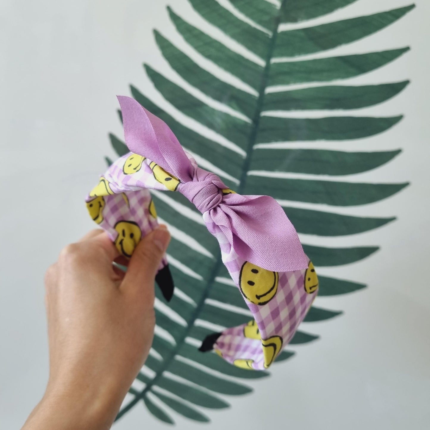 Smiley Gingham Knot Headband pink blue green purple Korean checkered solid ribbon retro free smiley hair tie mom and girl [with Pinkluvme]