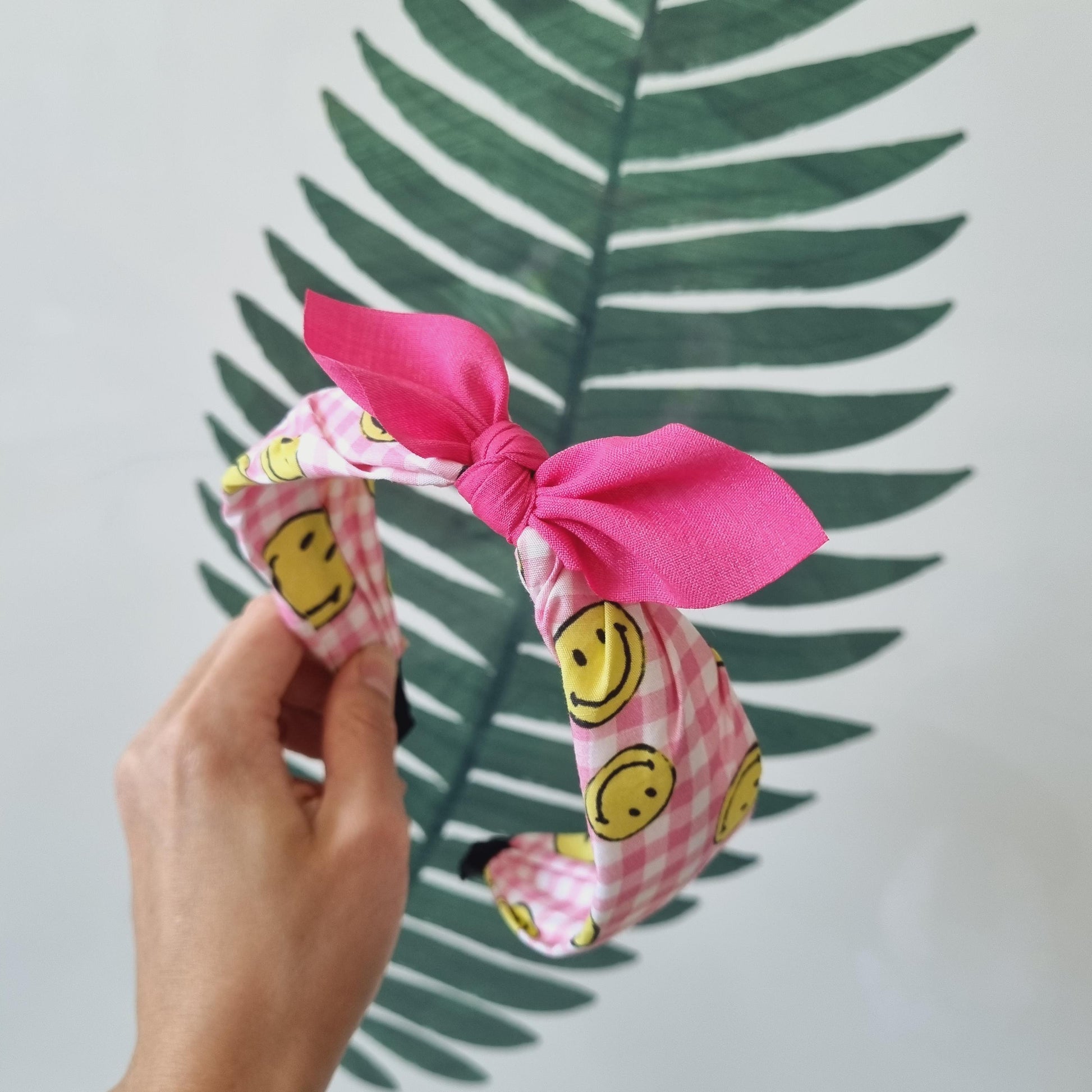 Smiley Gingham Knot Headband pink blue green purple Korean checkered solid ribbon retro free smiley hair tie mom and girl [with Pinkluvme]