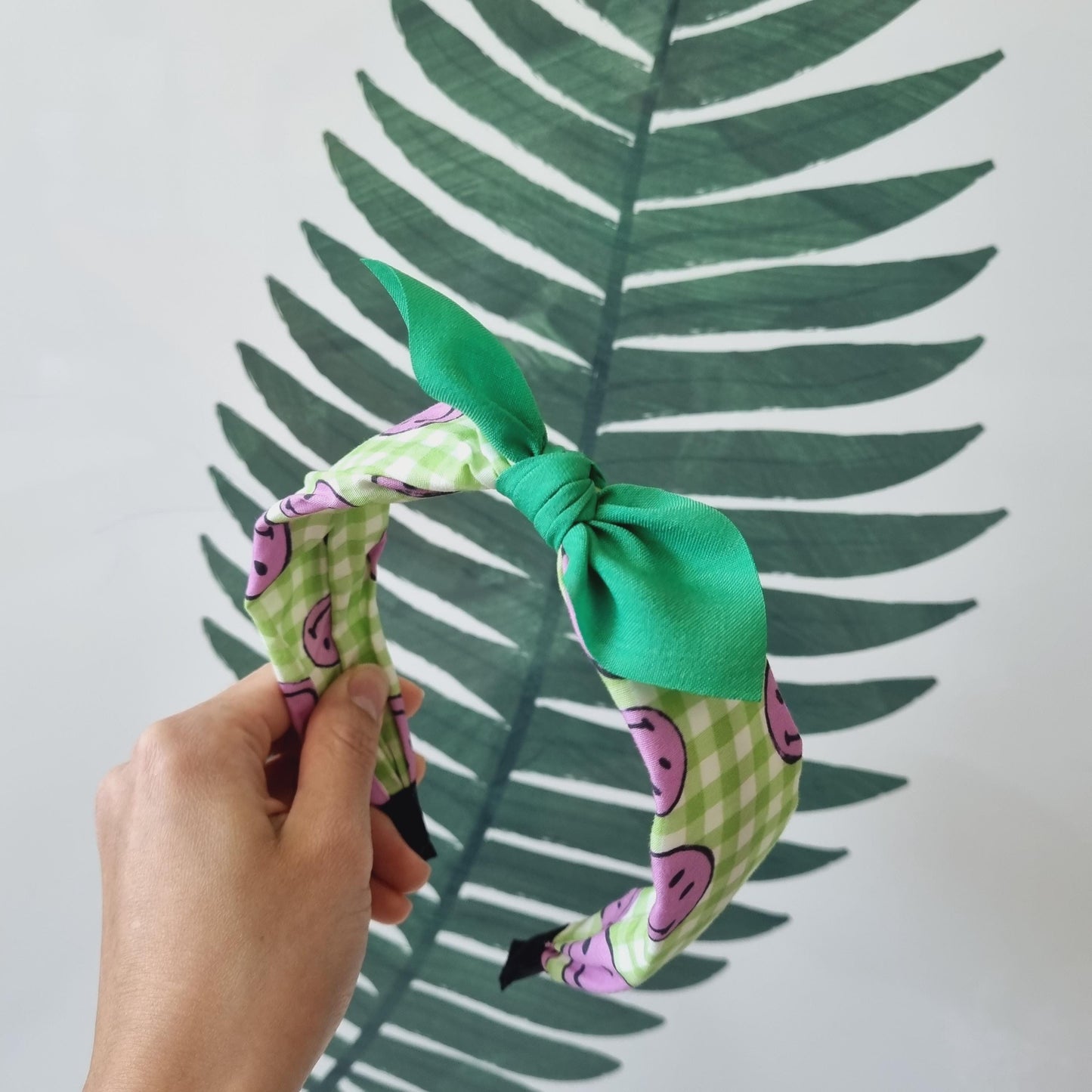 Smiley Gingham Knot Headband pink blue green purple Korean checkered solid ribbon retro free smiley hair tie mom and girl [with Pinkluvme]