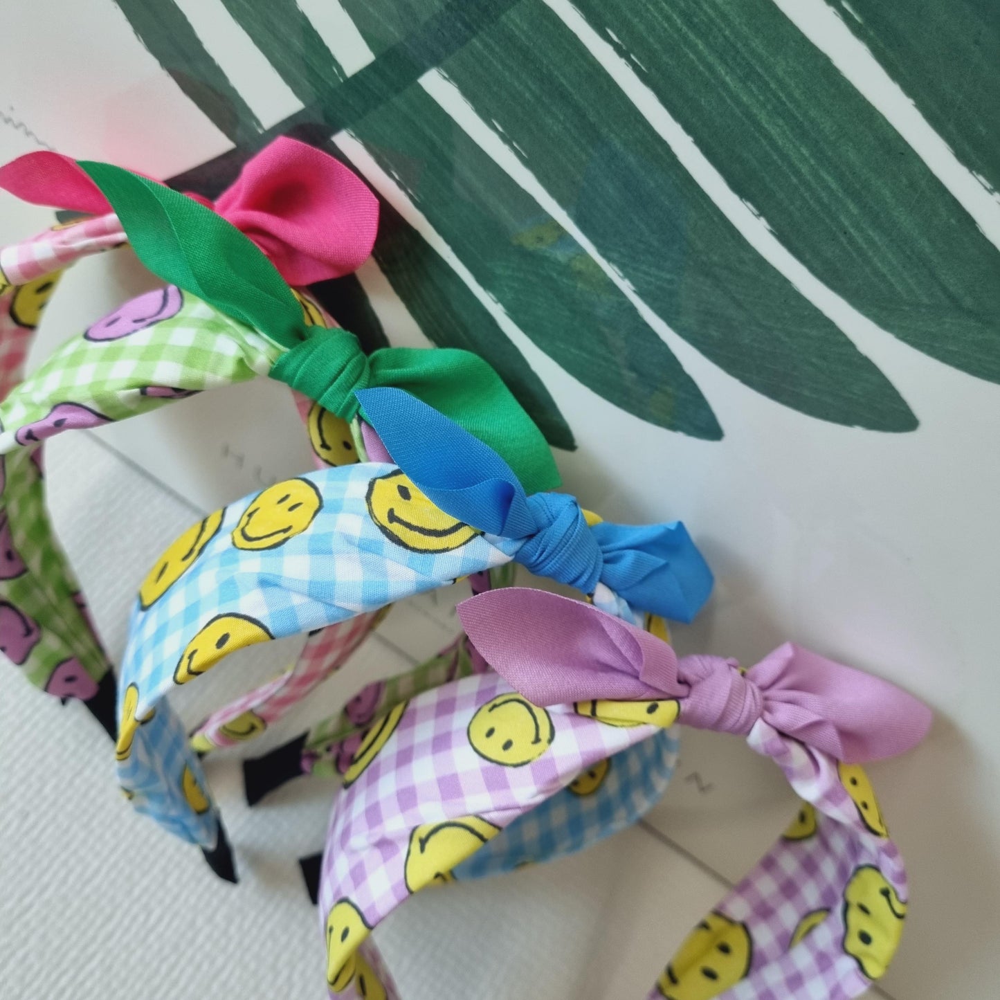 Smiley Gingham Knot Headband pink blue green purple Korean checkered solid ribbon retro free smiley hair tie mom and girl [with Pinkluvme]