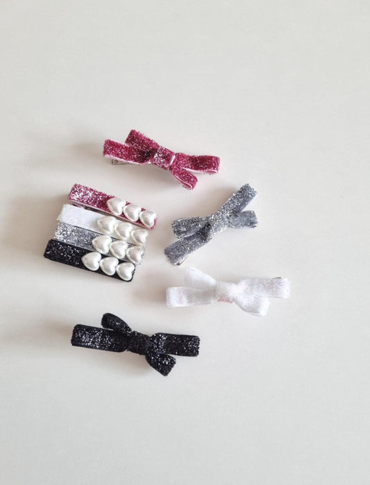 Glitter Bow & Pearl Hair Clip Set – 2 Pieces diagonal asymmetrical pigtail mom and girl [with Pinkluvme]