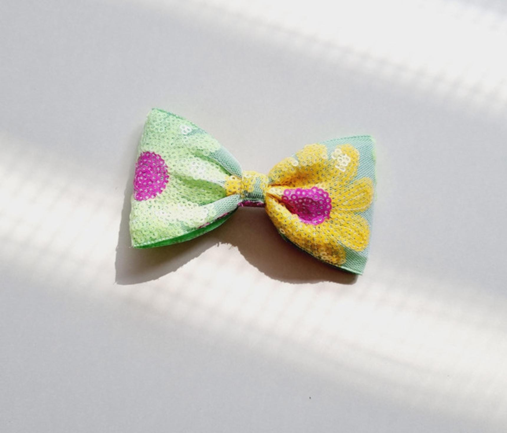Aloha Pastel Sequin Flower Bow Clip Yellow green blue purple Hawaii tropical summer beach party puffy ribbon handmade floral with Pinkluvme