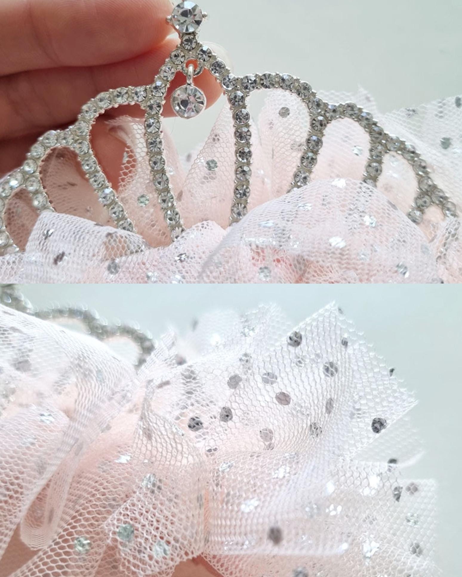 Sparkle Princess Tiara Headband Queen fluffy faux pearl earring handcrafted lightweight pink shades peach white Kpop idol [with Pinkluvme]