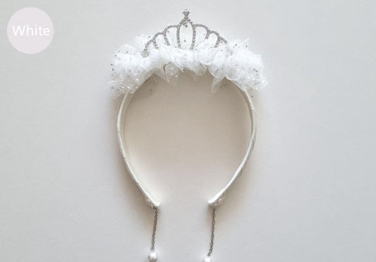 Sparkle Princess Tiara Headband Queen fluffy faux pearl earring handcrafted lightweight pink shades peach white Kpop idol [with Pinkluvme]