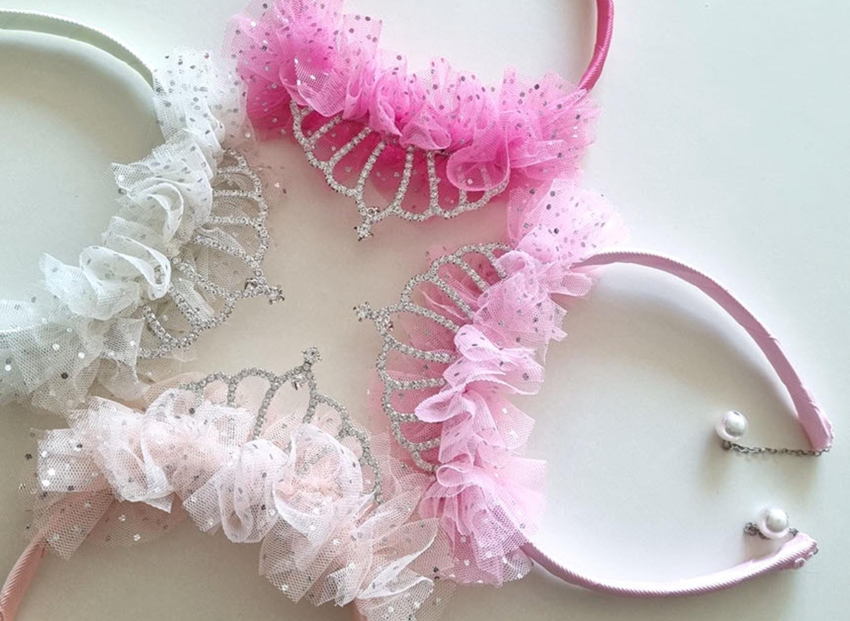 Sparkle Princess Tiara Headband Queen fluffy faux pearl earring handcrafted lightweight pink shades peach white Kpop idol [with Pinkluvme]