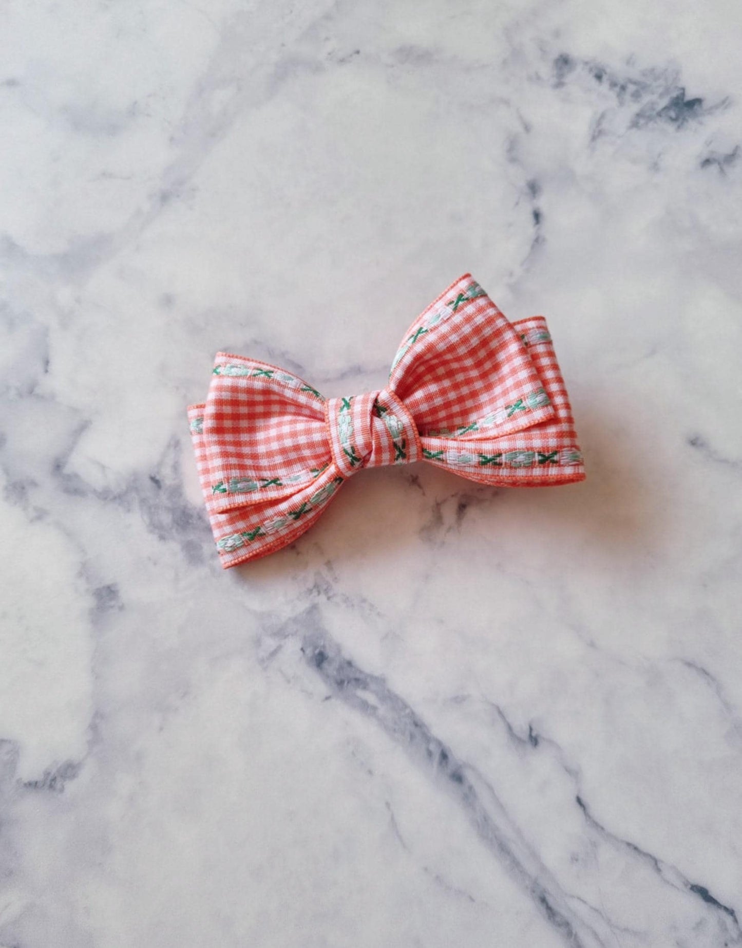 Gingham Garden Double Bow Hair Clip checkered pink orange red yellow purple Korean handmade pastel ribbon nickel free [with Pinkluvme]