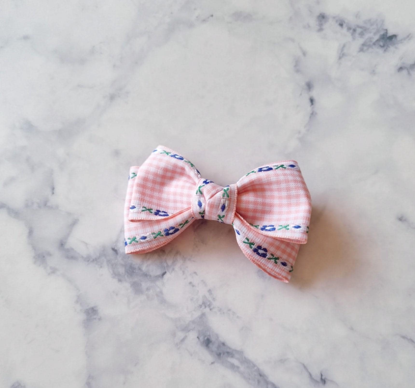 Gingham Garden Double Bow Hair Clip checkered pink orange red yellow purple Korean handmade pastel ribbon nickel free [with Pinkluvme]