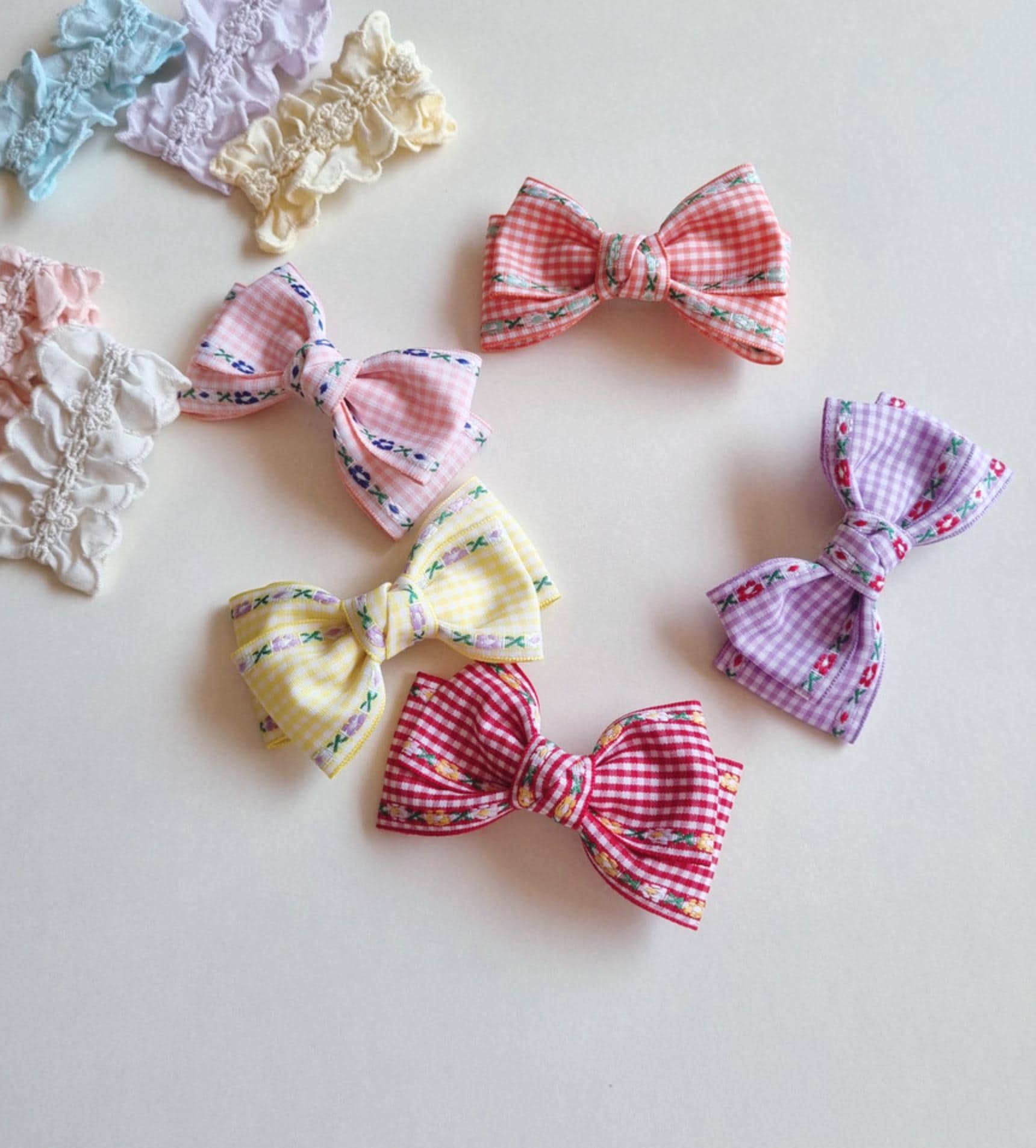 Gingham Garden Double Bow Hair Clip checkered pink orange red yellow purple Korean handmade pastel ribbon nickel free [with Pinkluvme]