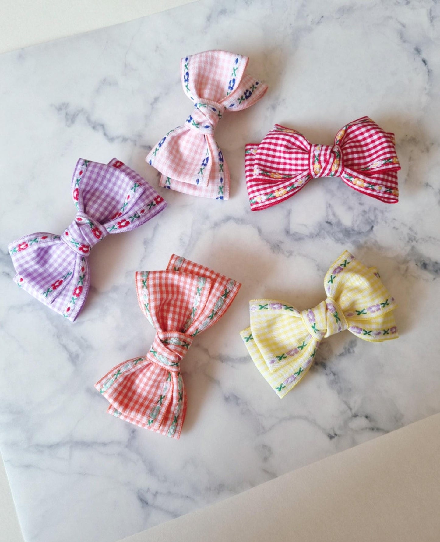 Gingham Garden Double Bow Hair Clip checkered pink orange red yellow purple Korean handmade pastel ribbon nickel free [with Pinkluvme]