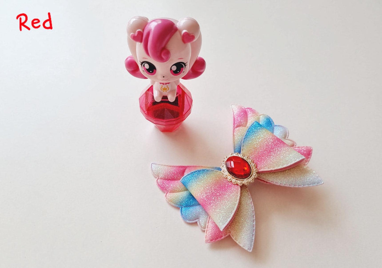 Rainbow Sherbet Angel Wing Gem Hair Clip – Kids pin Korean anime cosplay catchy teenie jewel princess Halloween party favor [with Pinkluvme]