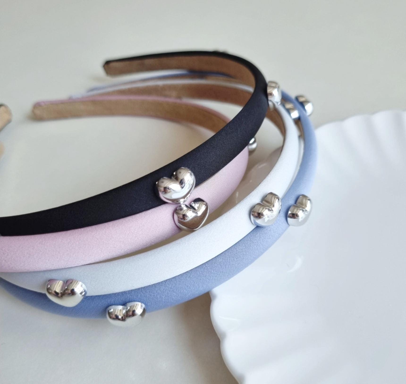 Minimalist Silver Heart Accent Headband Black, Pink, White, Blue | Simple Elegant Hair Accessory Korean handmade Kpop idol [with Pinkluvme]