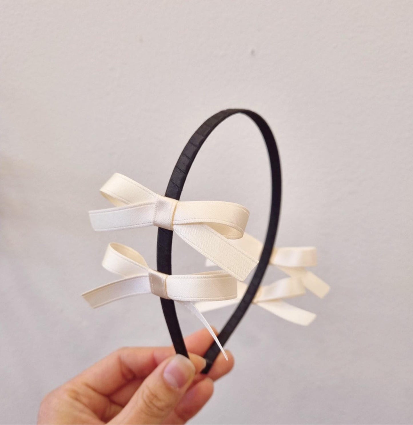 Balletcore Double Ribbon Headband Korean handmade idol style two bows on side black pink ivory kids adult satin finish [with Pinkluvme]