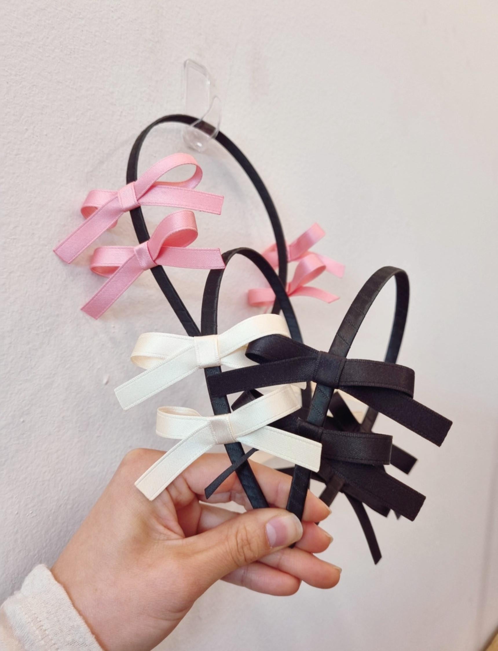 Balletcore Double Ribbon Headband Korean handmade idol style two bows on side black pink ivory kids adult satin finish [with Pinkluvme]