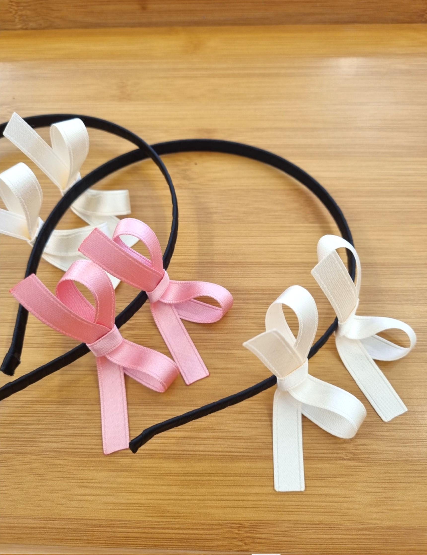 Balletcore Double Ribbon Headband Korean handmade idol style two bows on side black pink ivory kids adult satin finish [with Pinkluvme]