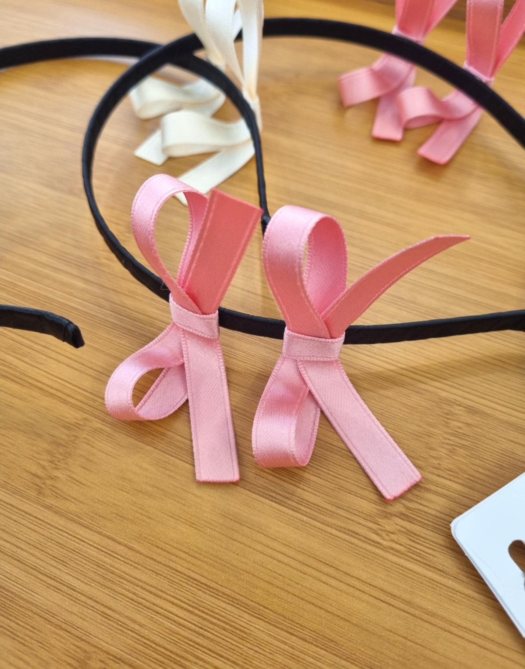 Balletcore Double Ribbon Headband Korean handmade idol style two bows on side black pink ivory kids adult satin finish [with Pinkluvme]