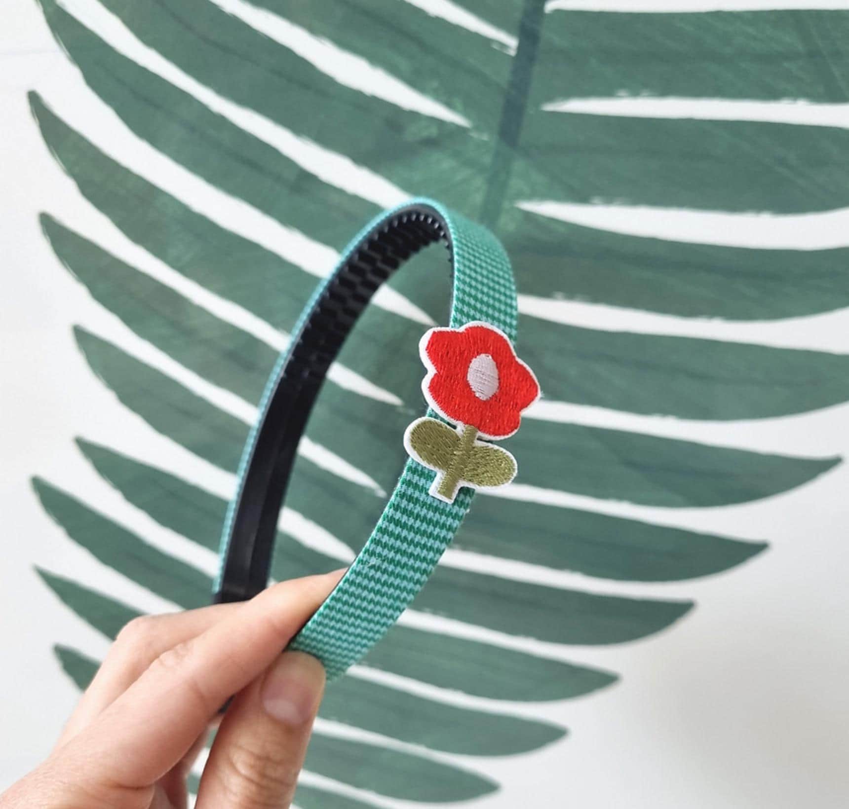 Kids Embroidered Flower Headband red pink yellow green blue double combed ridges school daily hairband checkered striped [with Pinkluvme]