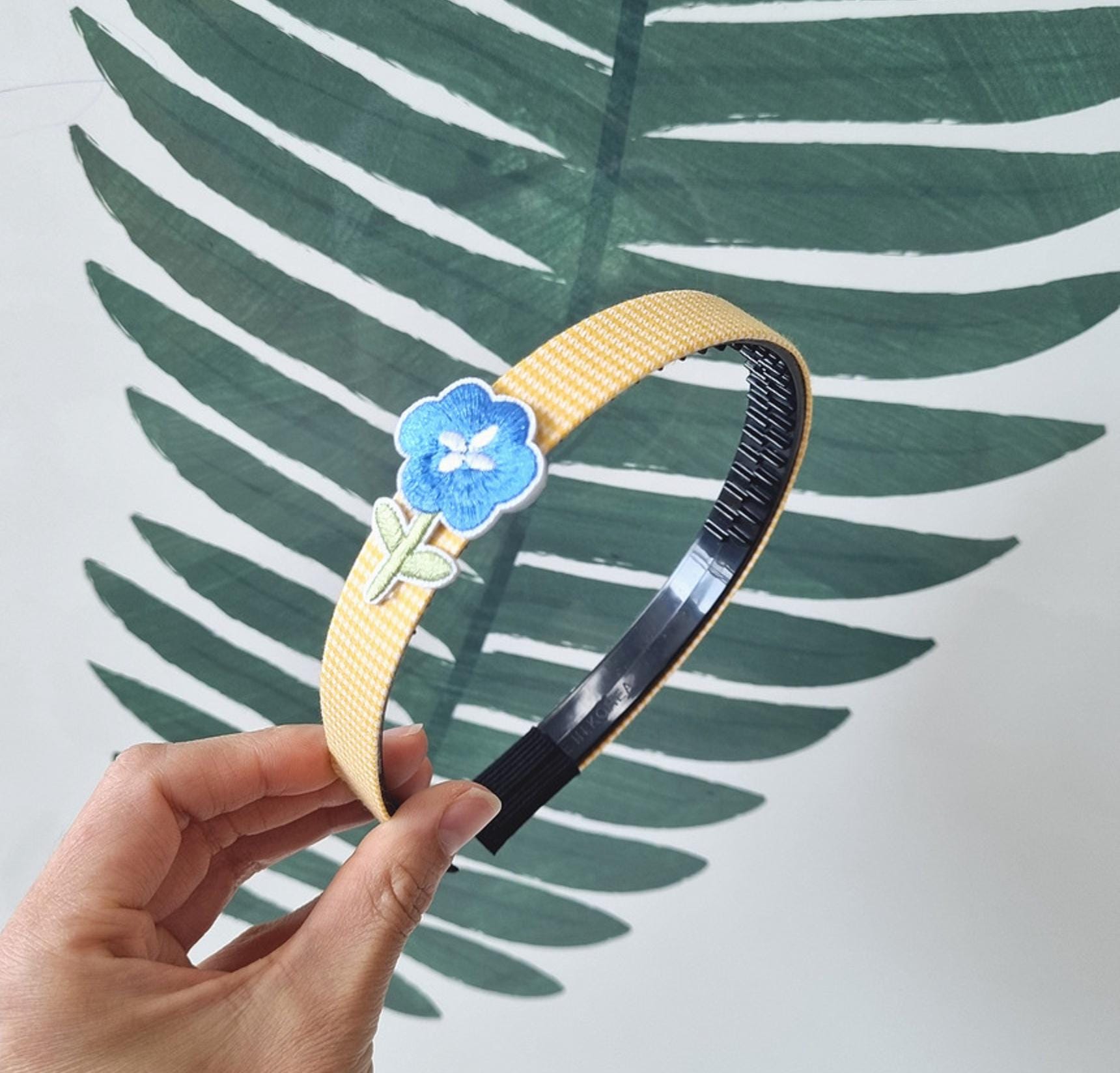 Kids Embroidered Flower Headband red pink yellow green blue double combed ridges school daily hairband checkered striped [with Pinkluvme]