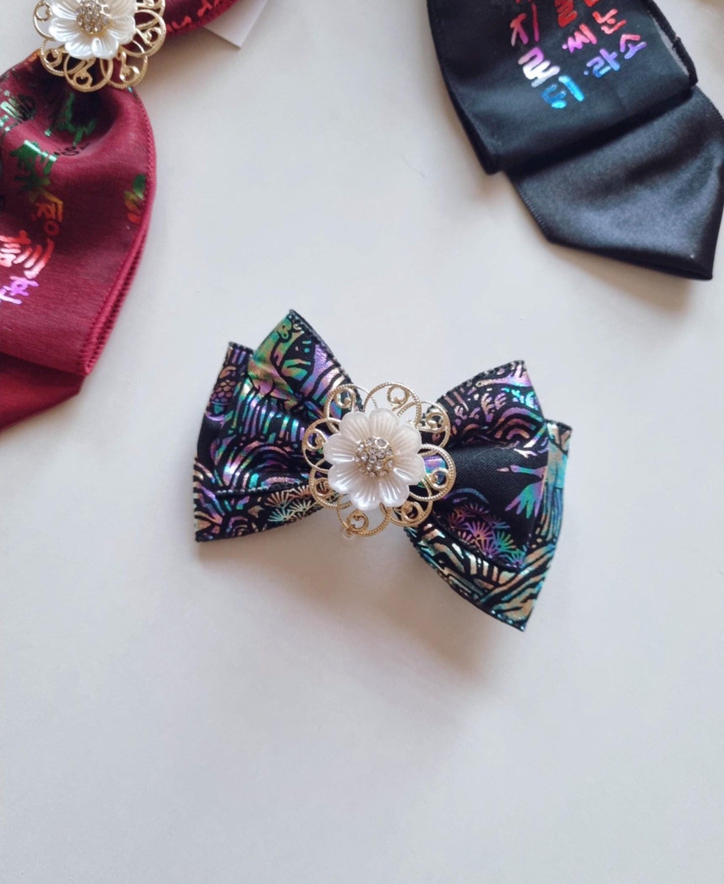 Korean Traditional Hair Bow Baessi Flower Pin 4 different pattern print hanbok seollal chuseok doljanchi layered ribbon [with Pinkluvme]