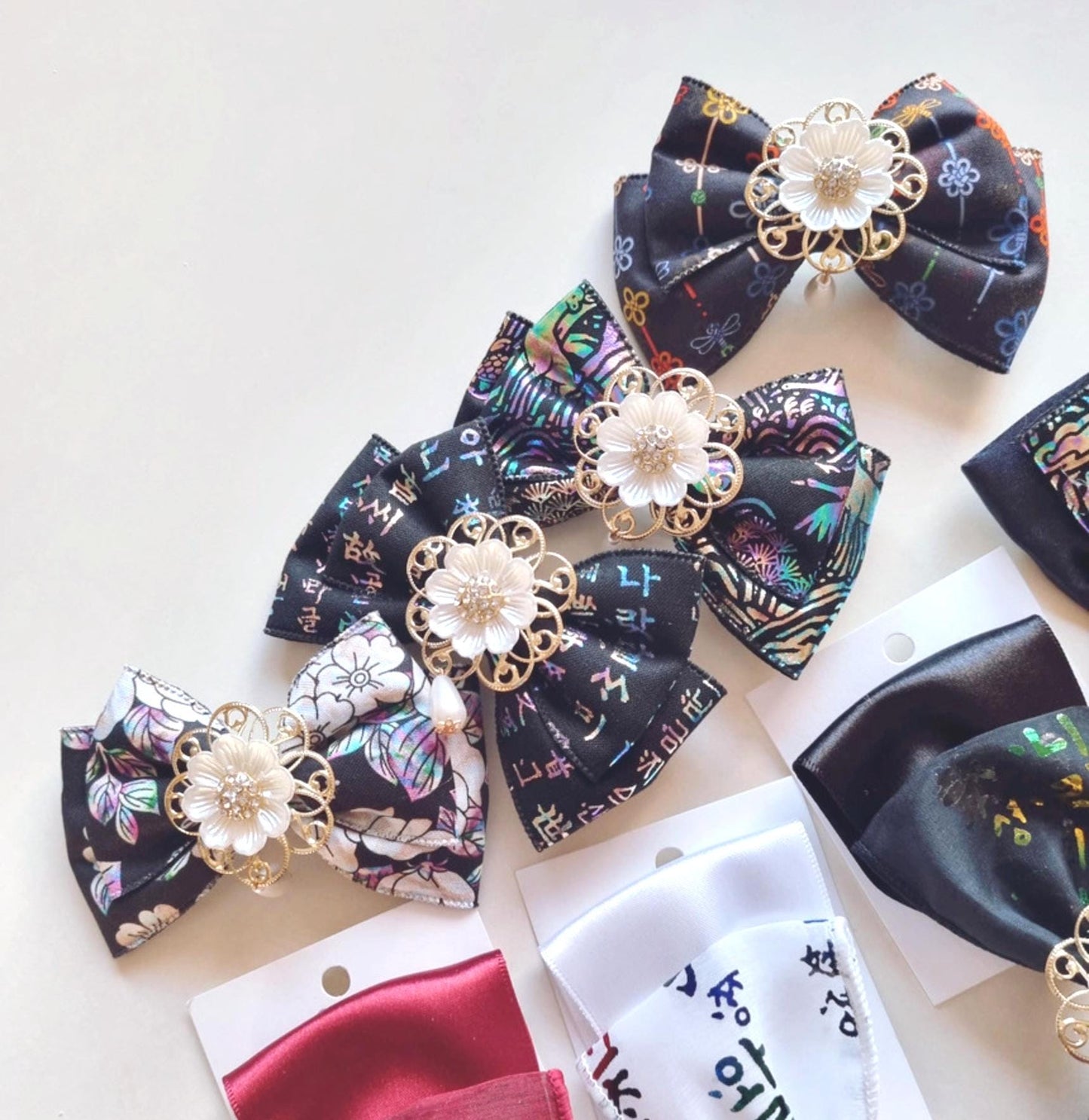 Korean Traditional Hair Bow Baessi Flower Pin 4 different pattern print hanbok seollal chuseok doljanchi layered ribbon [with Pinkluvme]