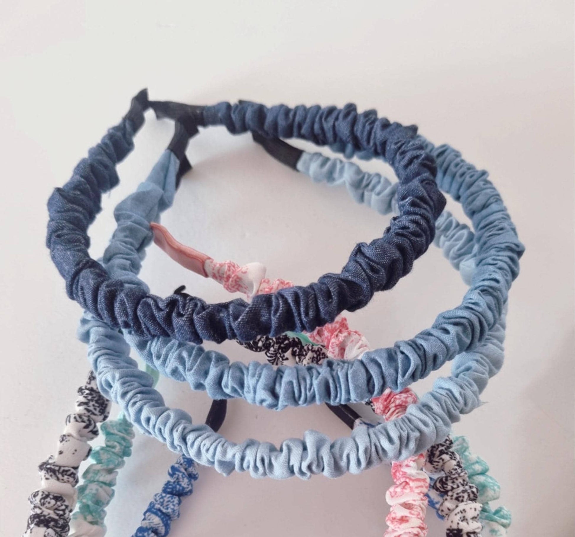 Denim Ruched Headband Classic Everyday Style light medium dark shades thin wrinkled hairband daily school mom and daughter [with Pinkluvme]