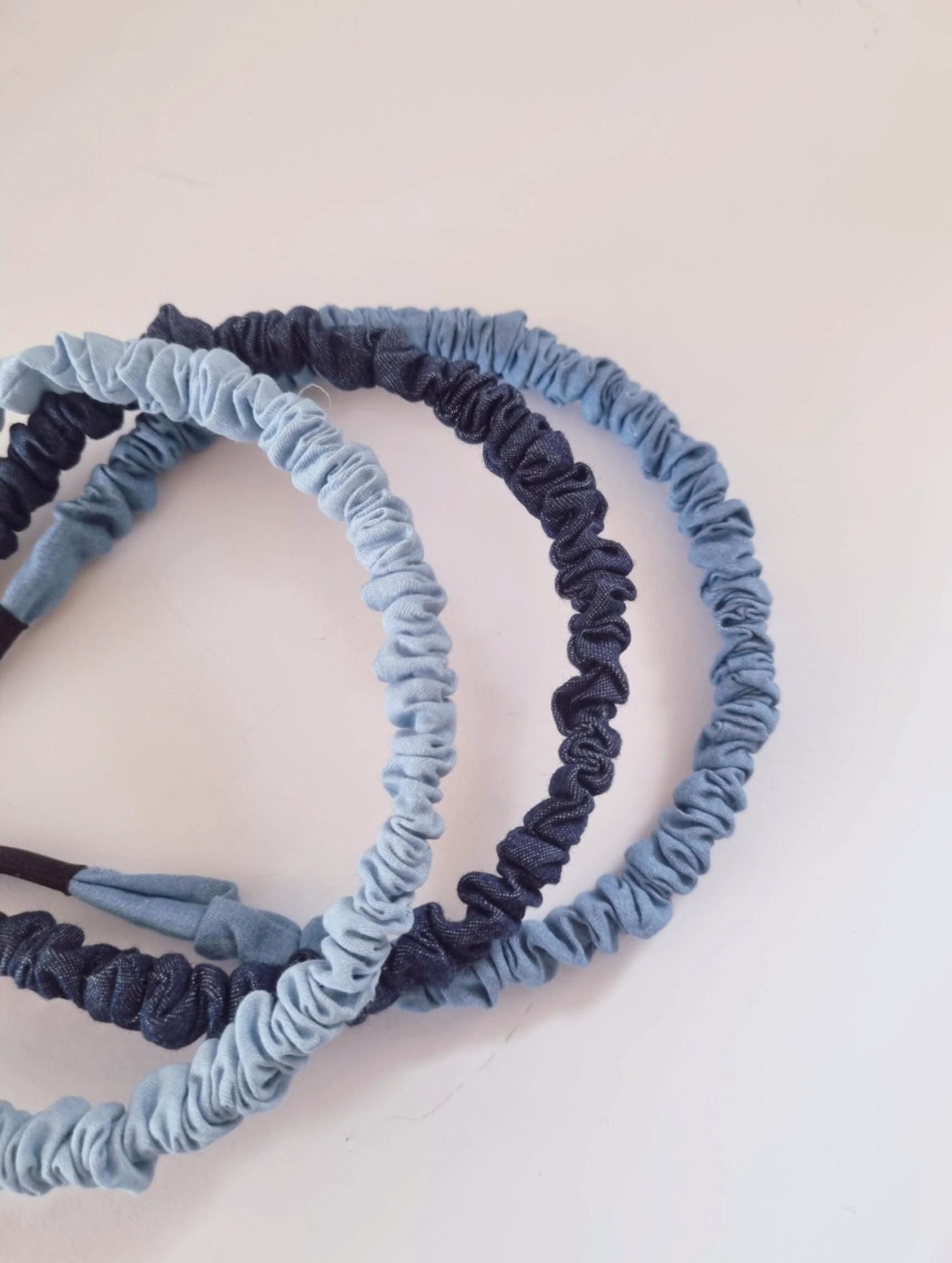 Denim Ruched Headband Classic Everyday Style light medium dark shades thin wrinkled hairband daily school mom and daughter [with Pinkluvme]