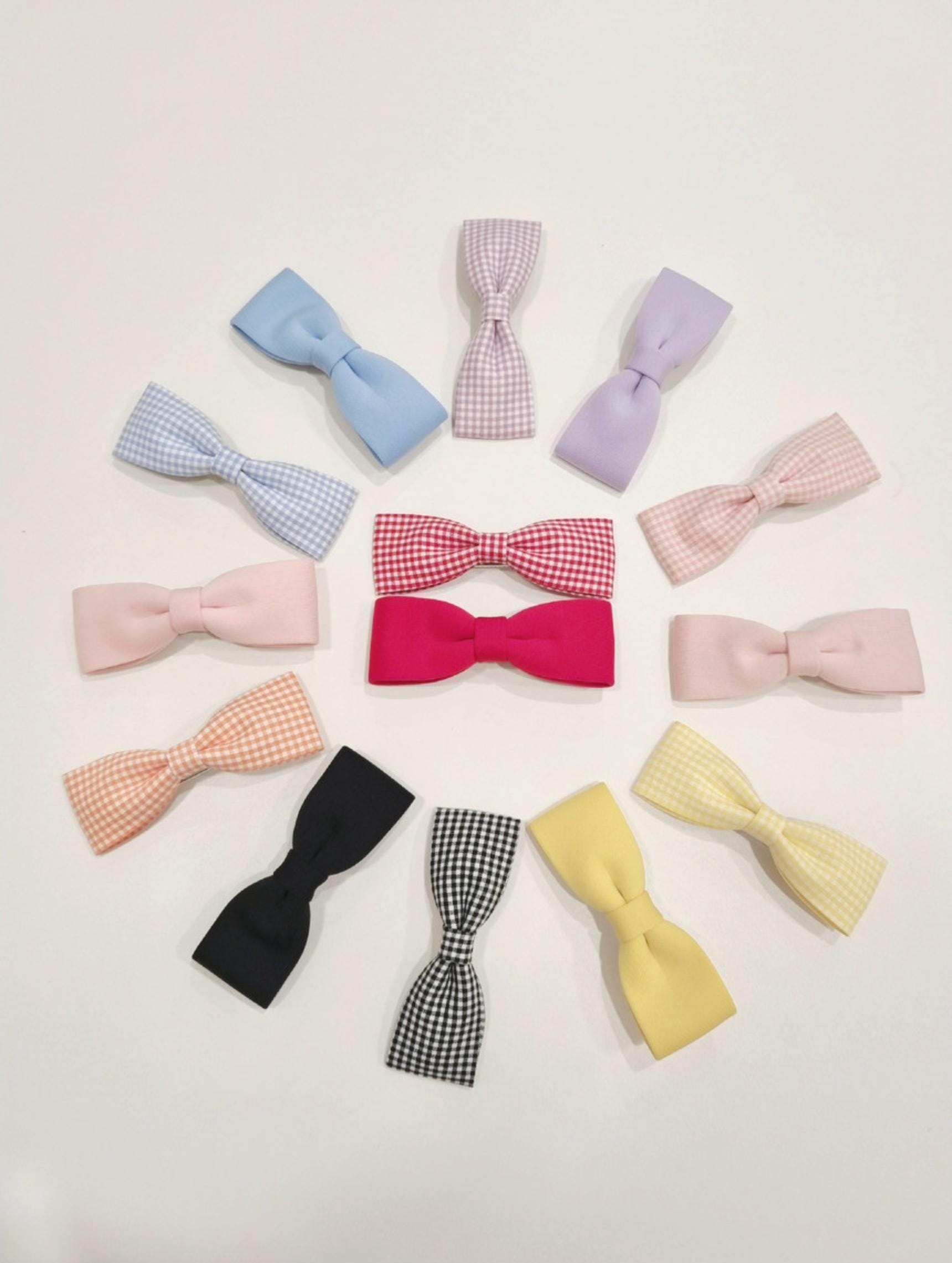 Basic & Gingham Check Ribbon Hair Clip Set child safe hypoallergenic nickel free alligator clip 7 colors handmade in Korea [with Pinkluvme]