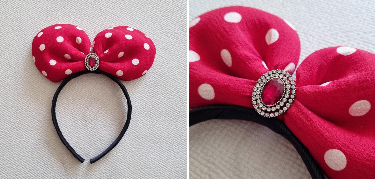 Polka Dot Party Bow Headband Handmade with Gem amusement park hairband theme park minnie snow white princess halloween hair [with Pinkluvme]