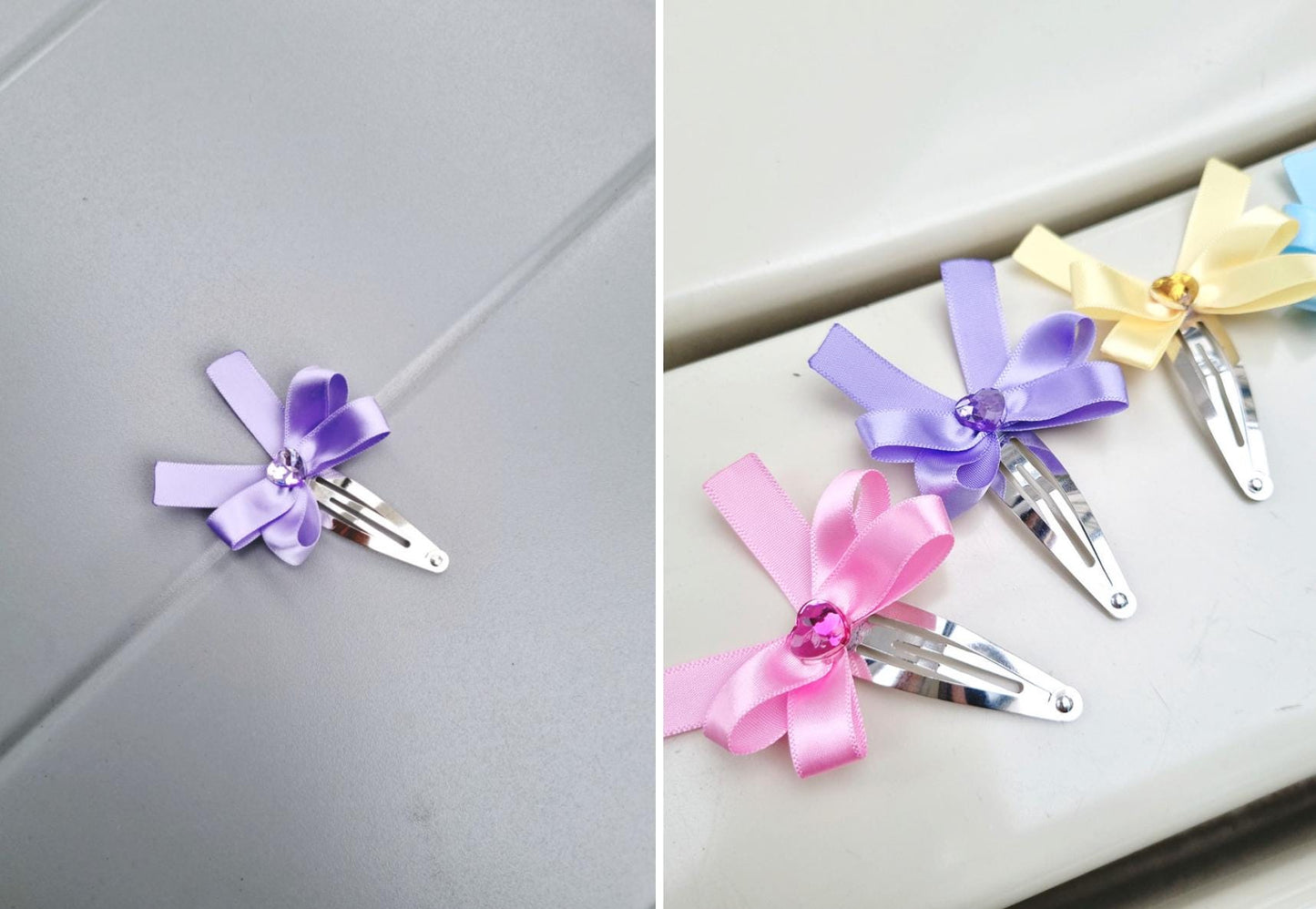 Heart Gem Ribbon Snap Clip – Available in 5 Colors Kpop idol animation fan satin finish elegant handmade double bow [with Pinkluvme]