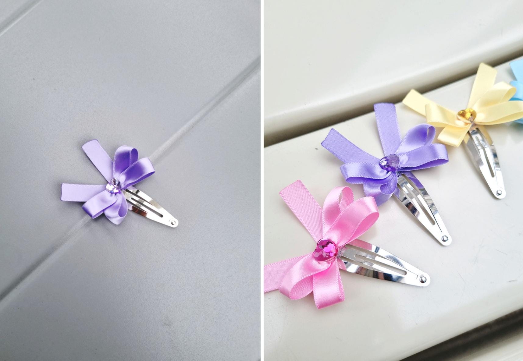 Heart Gem Ribbon Snap Clip – Available in 5 Colors Kpop idol animation fan satin finish elegant handmade double bow [with Pinkluvme]