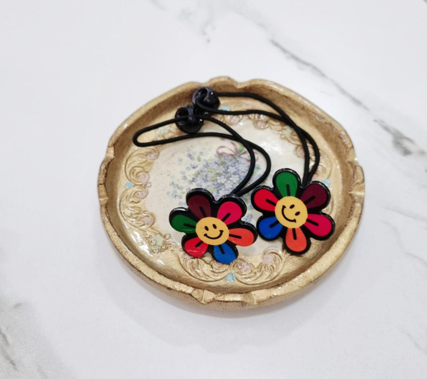 Fun Arcade Elastic Hair Tie Set Cherry & Smile Flower Styles (2 pcs) girl pigtail poppy catchy modern art waterproof strong [with Pinkluvme]