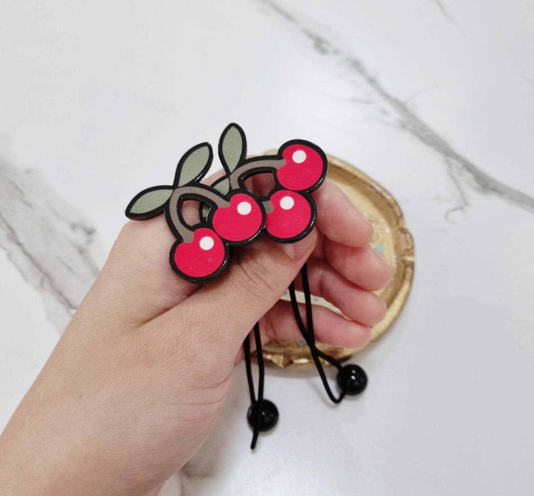 Fun Arcade Elastic Hair Tie Set Cherry & Smile Flower Styles (2 pcs) girl pigtail poppy catchy modern art waterproof strong [with Pinkluvme]