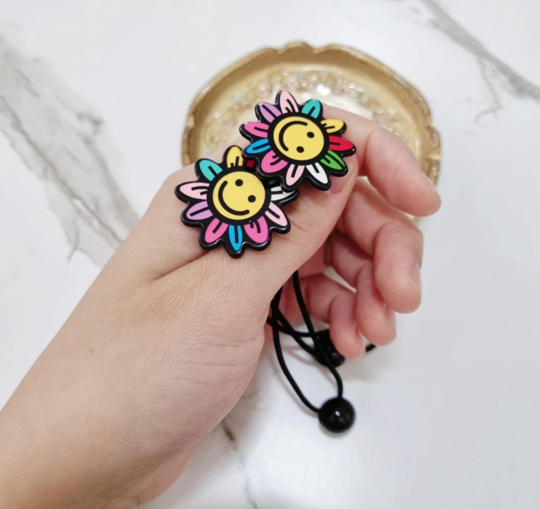 Fun Arcade Elastic Hair Tie Set Cherry & Smile Flower Styles (2 pcs) girl pigtail poppy catchy modern art waterproof strong [with Pinkluvme]