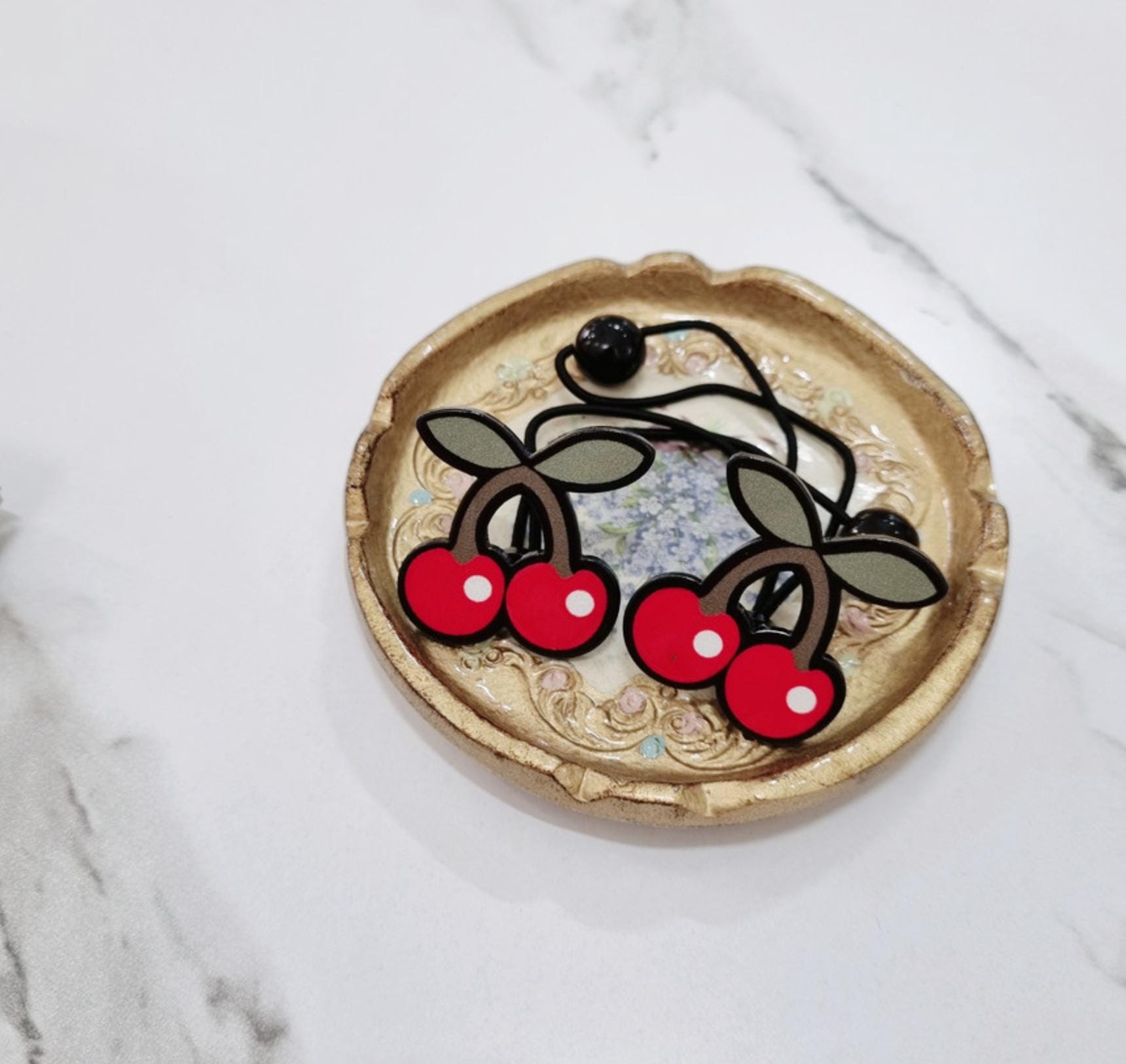 Fun Arcade Elastic Hair Tie Set Cherry & Smile Flower Styles (2 pcs) girl pigtail poppy catchy modern art waterproof strong [with Pinkluvme]