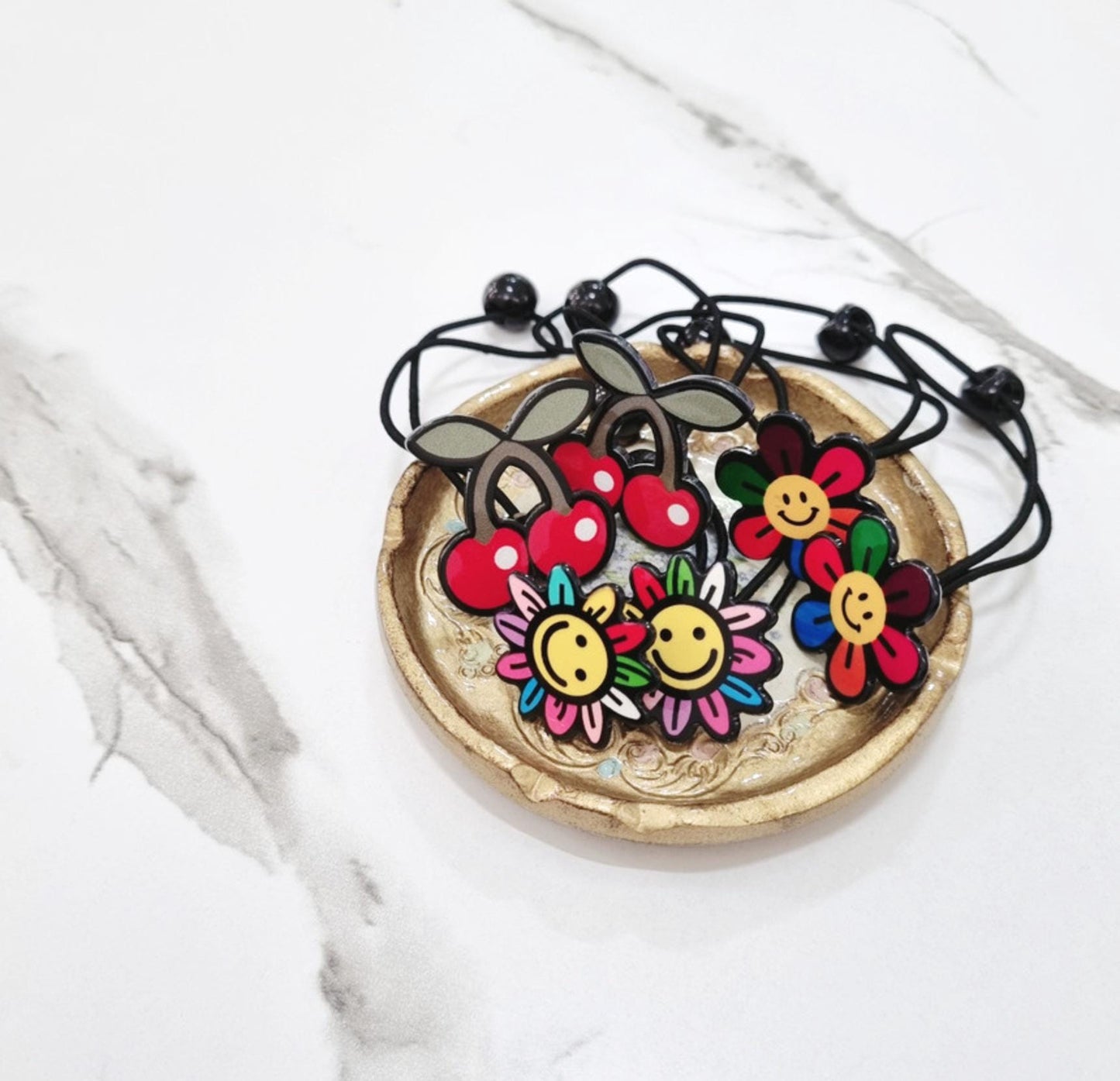 Fun Arcade Elastic Hair Tie Set Cherry & Smile Flower Styles (2 pcs) girl pigtail poppy catchy modern art waterproof strong [with Pinkluvme]