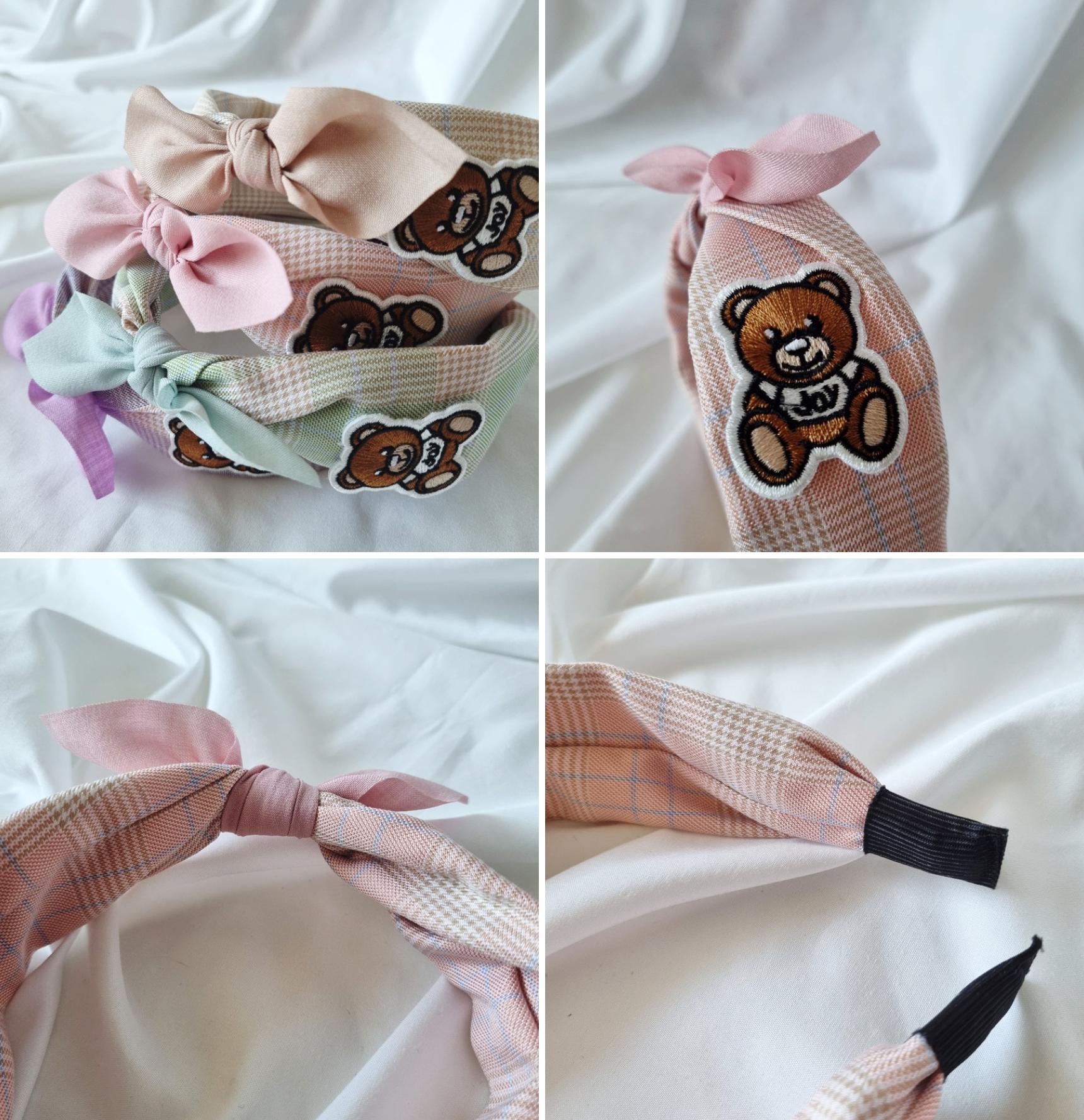 Teddy Bear Bow Scarf Headband 4 Colors Pastel Plaid Bandana Style free knit snap clip while supplies last detachable ribbon [with Pinkluvme]