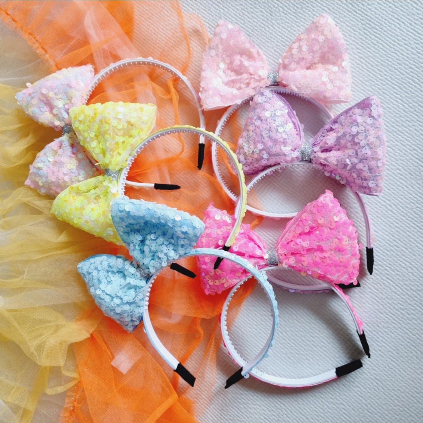 Sparkly Sequin Princess Bow Headband 6 pastel colors diagonal ribbon spangled bow hairband Kpop idol party big bow Easter [with Pinkluvme]