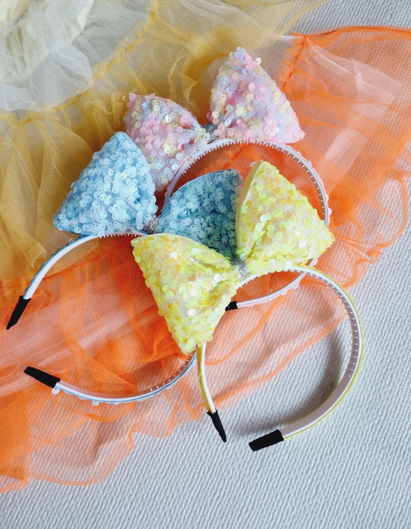 Sparkly Sequin Princess Bow Headband 6 pastel colors diagonal ribbon spangled bow hairband Kpop idol party big bow Easter [with Pinkluvme]