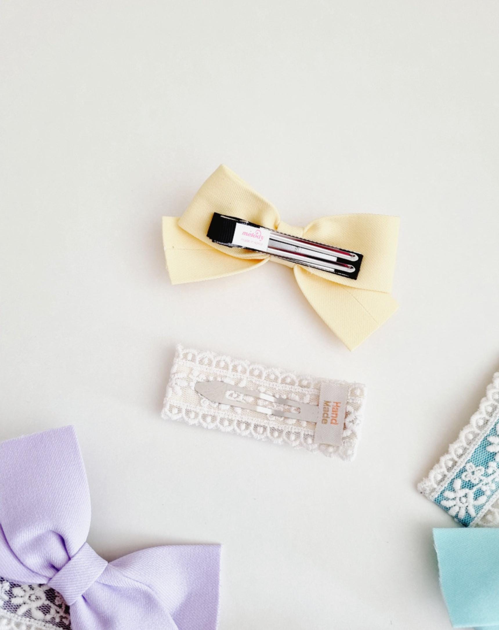 Pastel Cotton Solid Ribbon Hair Clips 2-Piece Set hypoallergenic no nickel clip free lace snap clip Korean handmade formal [with Pinkluvme]