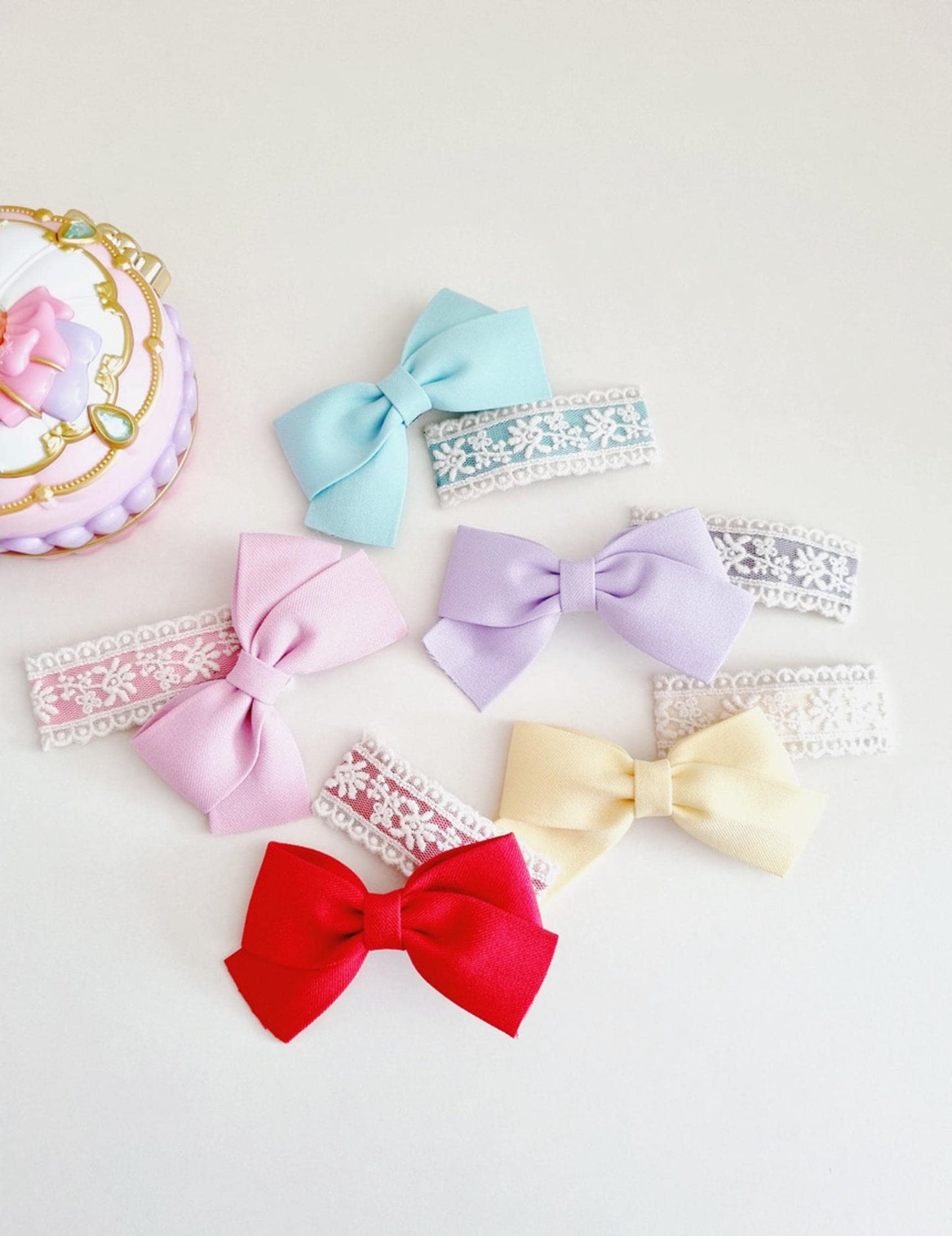 Pastel Cotton Solid Ribbon Hair Clips 2-Piece Set hypoallergenic no nickel clip free lace snap clip Korean handmade formal [with Pinkluvme]
