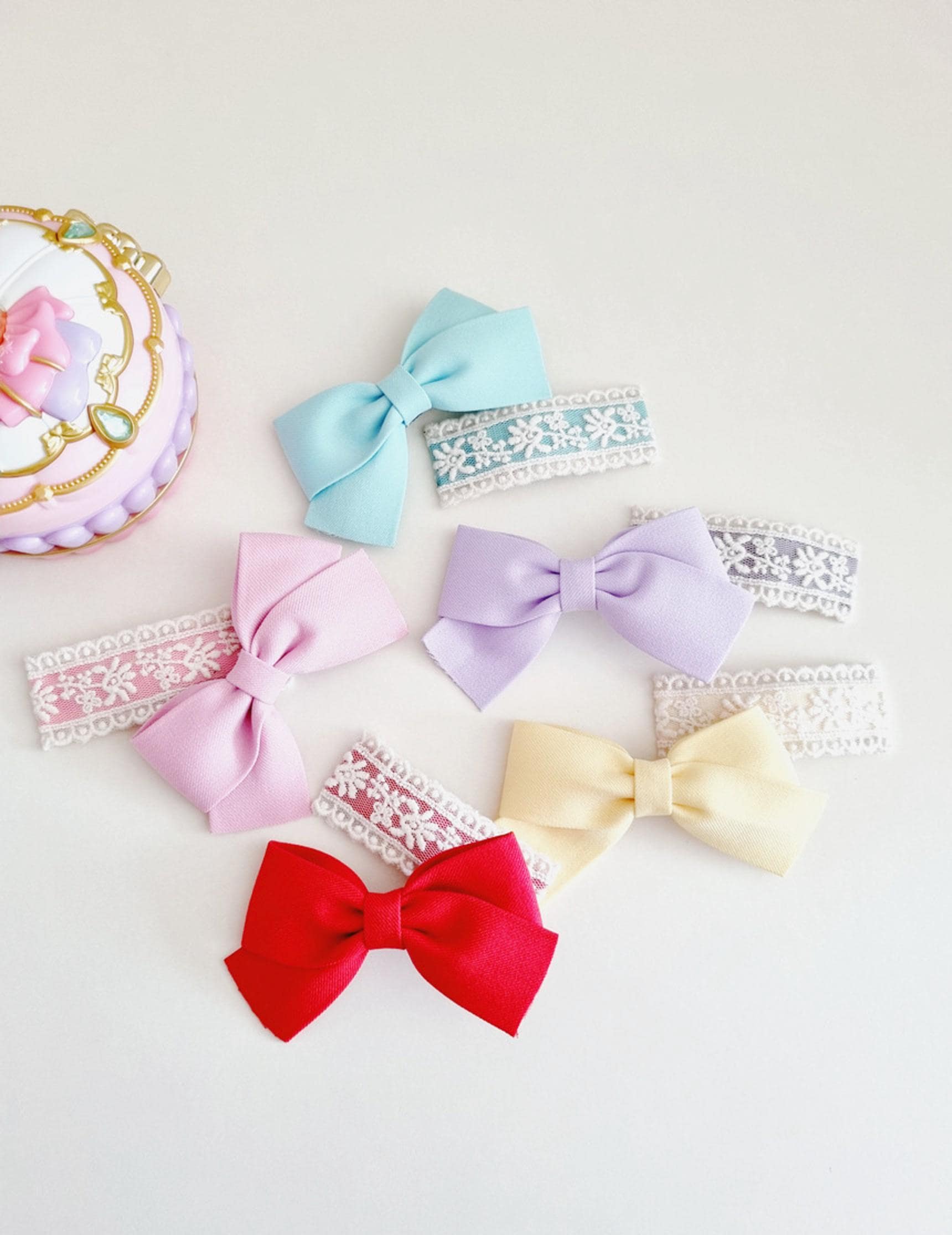 Pastel Cotton Solid Ribbon Hair Clips 2-Piece Set hypoallergenic no nickel clip free lace snap clip Korean handmade formal [with Pinkluvme]