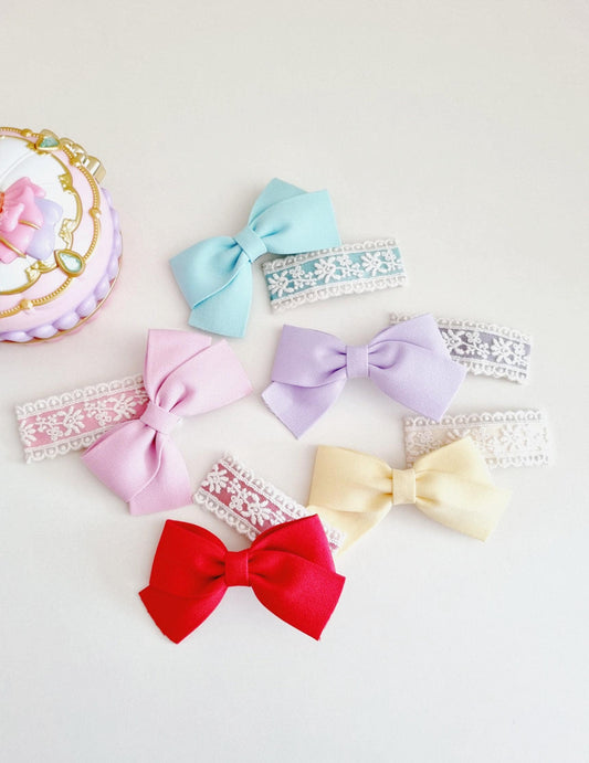 Pastel Cotton Solid Ribbon Hair Clips 2-Piece Set hypoallergenic no nickel clip free lace snap clip Korean handmade formal [with Pinkluvme]