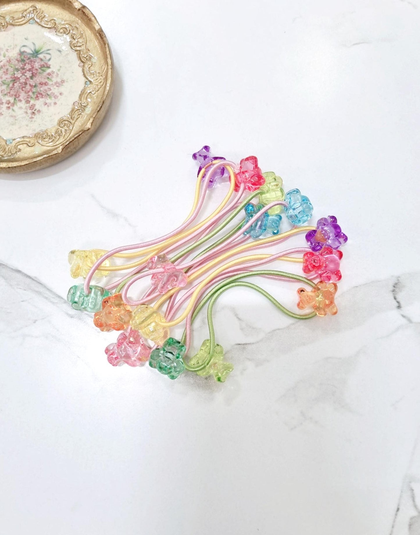 Rainbow Gummy Bear Hair Ties Set (4pcs) children daily ponytail pigtail holders hair elastics pastel bear acrylic charms [with Pinkluvme]