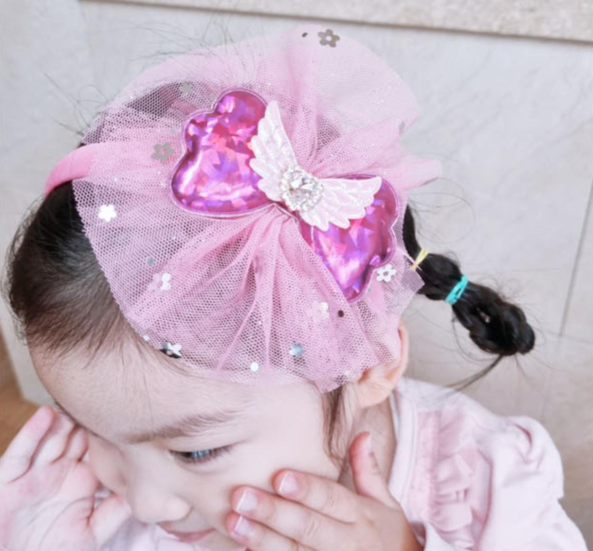 Angel Wing Rhinestone Headband handmade hot pink light pink yellow green blue Korean idol sparkly shiny mesh ribbon bow [with Pinkluvme]