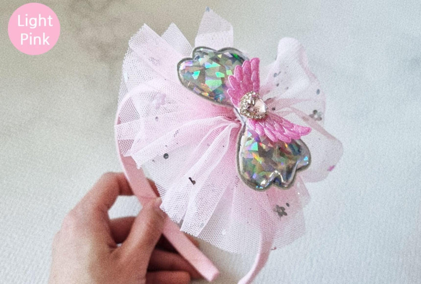 Angel Wing Rhinestone Headband handmade hot pink light pink yellow green blue Korean idol sparkly shiny mesh ribbon bow [with Pinkluvme]