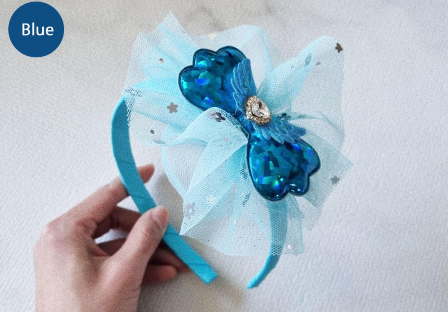 Angel Wing Rhinestone Headband handmade hot pink light pink yellow green blue Korean idol sparkly shiny mesh ribbon bow [with Pinkluvme]