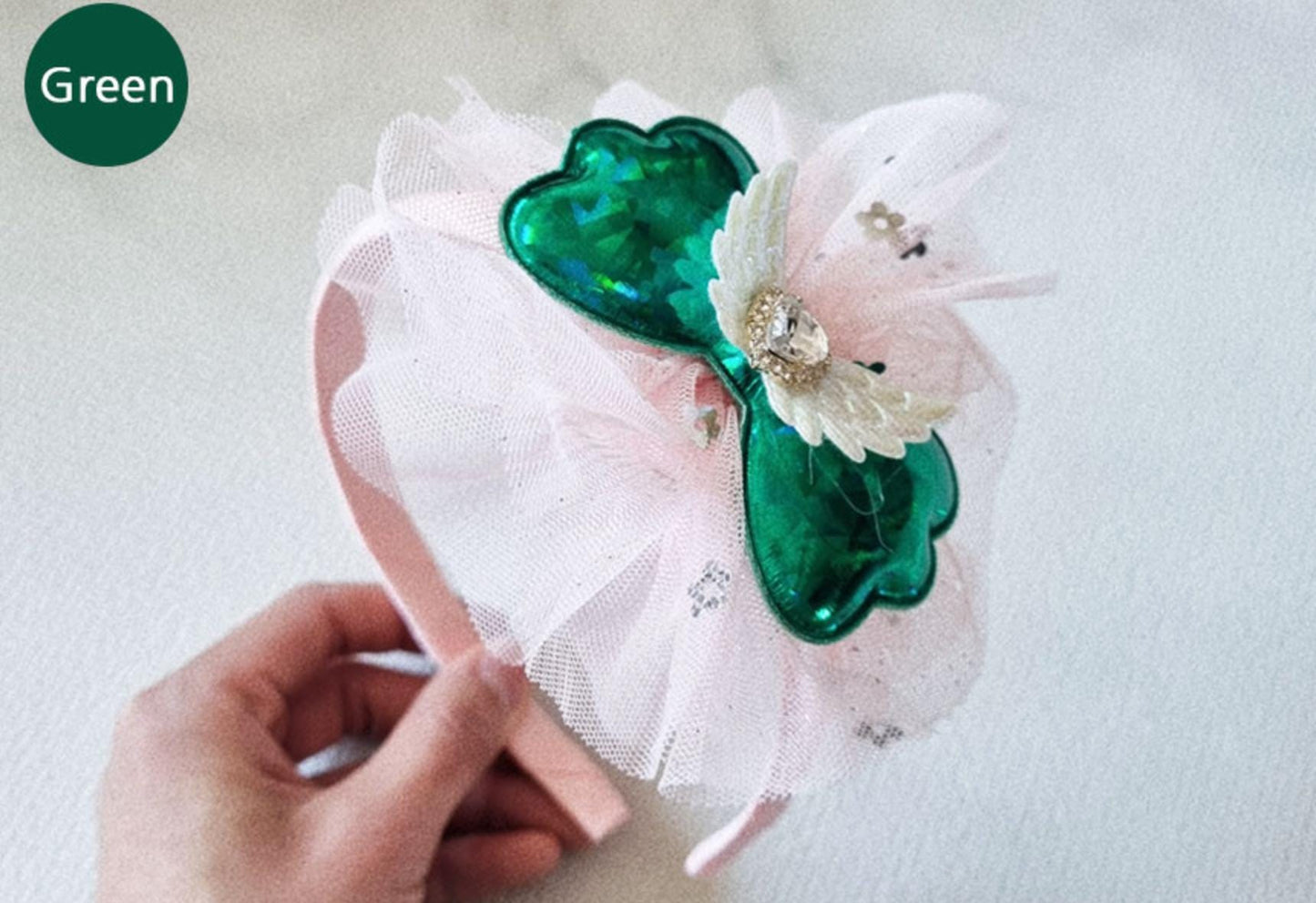 Angel Wing Rhinestone Headband handmade hot pink light pink yellow green blue Korean idol sparkly shiny mesh ribbon bow [with Pinkluvme]