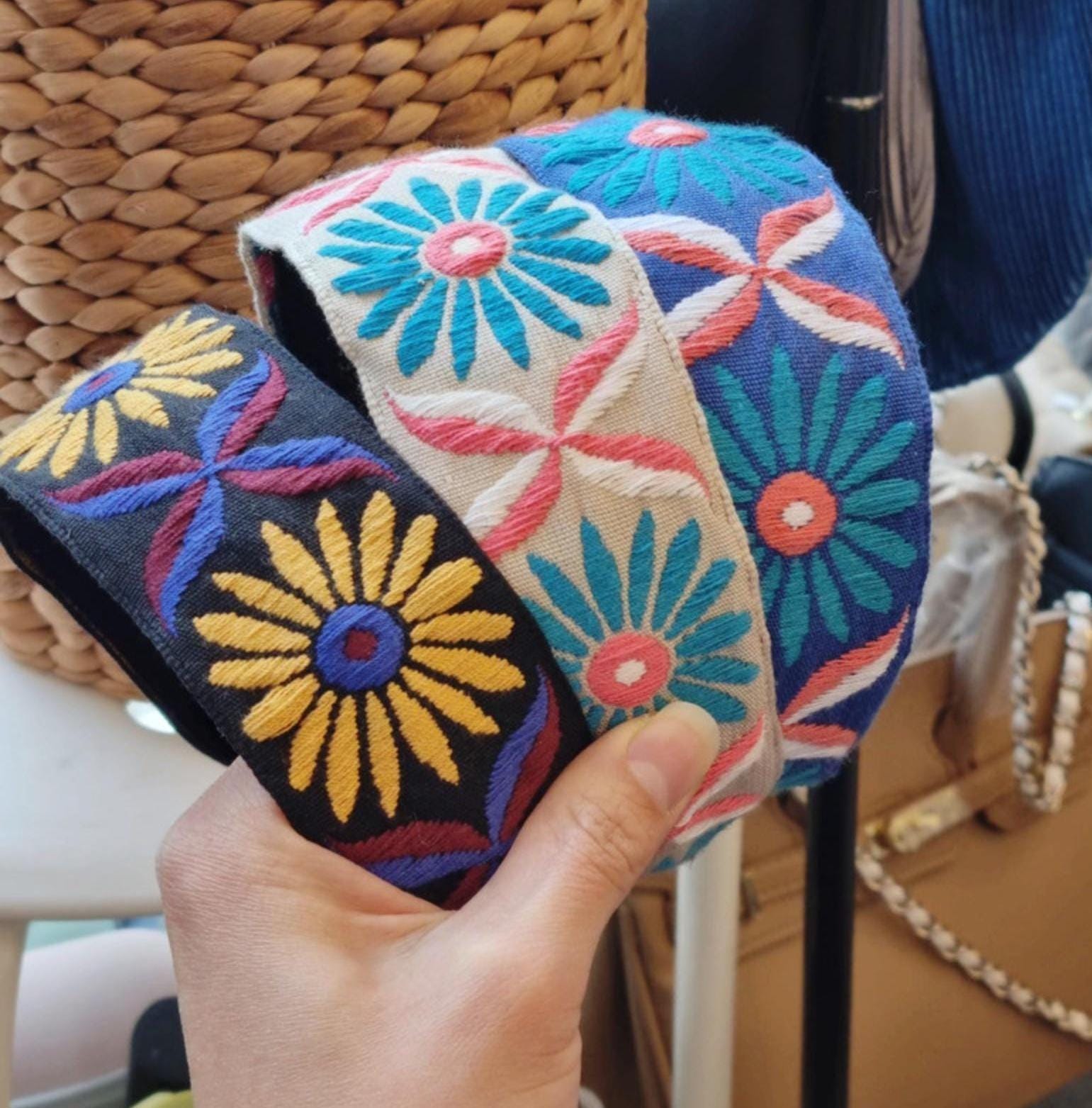 Embroidered Wide Headband Boho Chic Floral Hair Accessory Labor Day summer autumn fall Handmade in Korea for women and kids [with Pinkluvme]