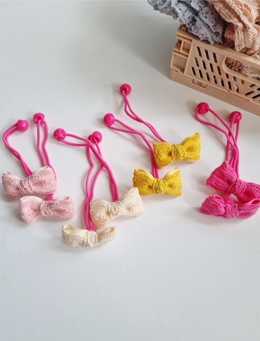 Lace Ribbon Bow Hair Tie Set Elegant Double Pack pigtail elastics handmade ribbon bow Korean Kpop idol style mom and girl [with Pinkluvme]