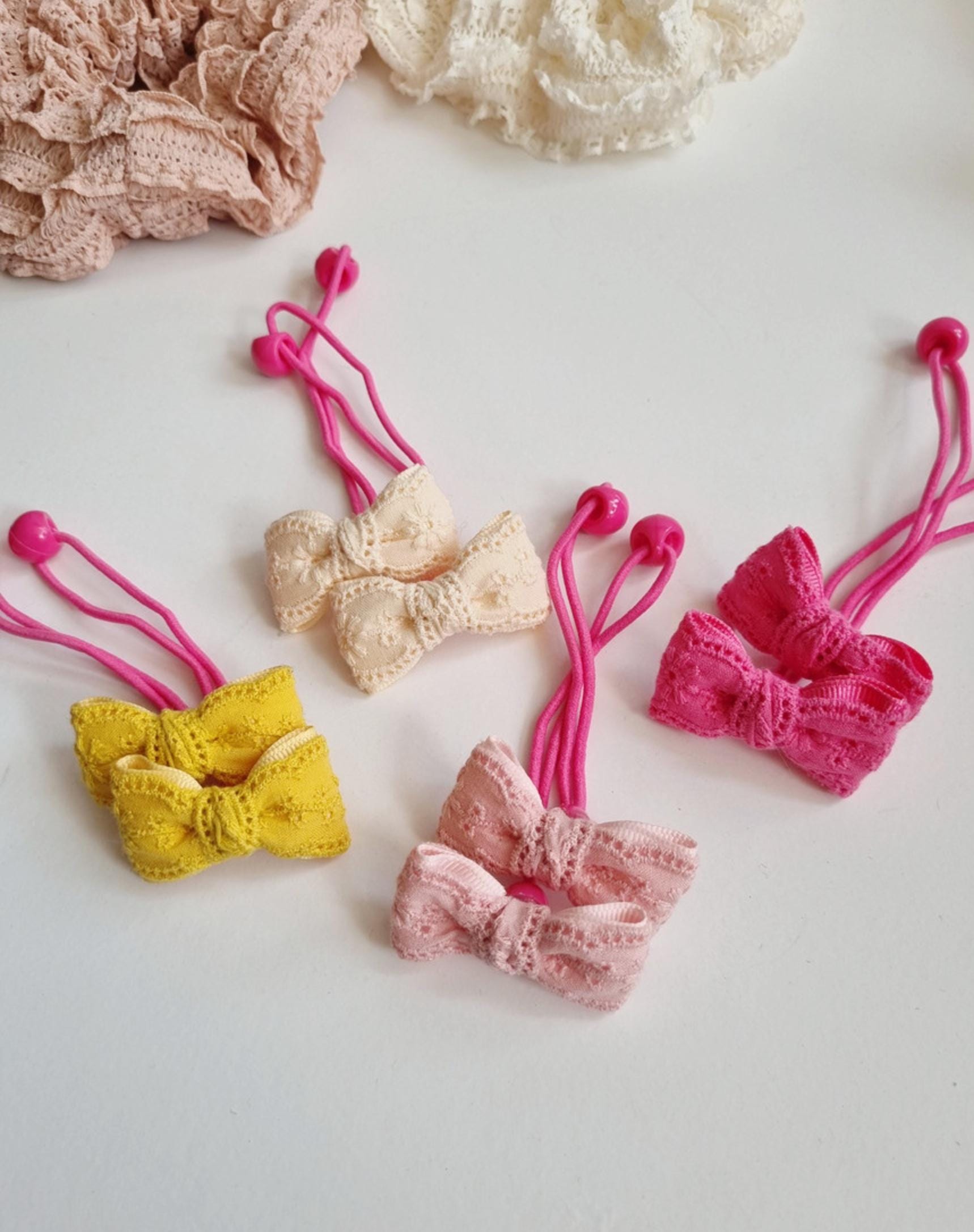 Lace Ribbon Bow Hair Tie Set Elegant Double Pack pigtail elastics handmade ribbon bow Korean Kpop idol style mom and girl [with Pinkluvme]